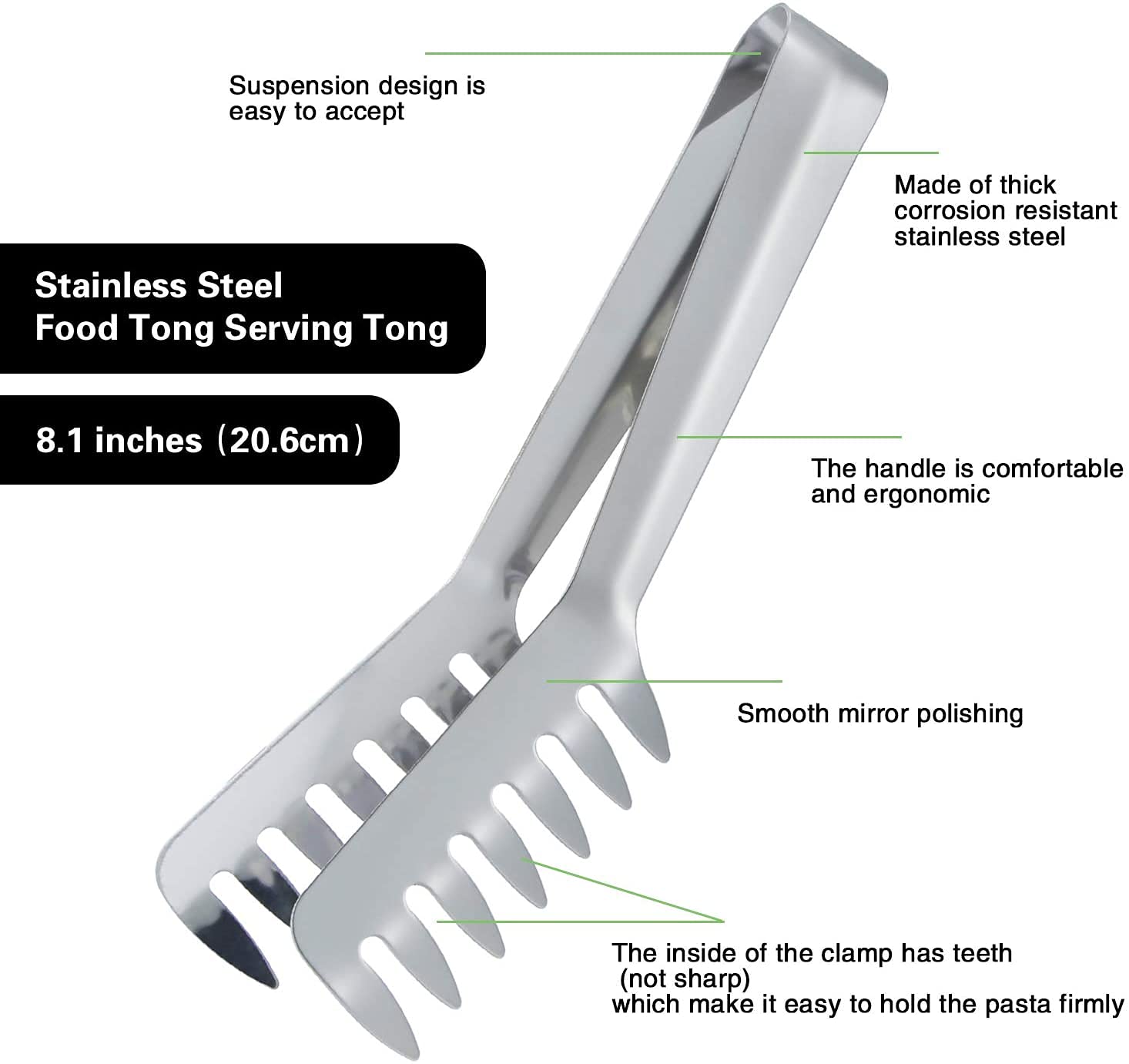 Horntide Stainless Steel Pasta Tongs Pack Of 2 Piece Teethed Ends Design For Spaghetti Noodle Pastry Kitchen Serving Tong Set 8-